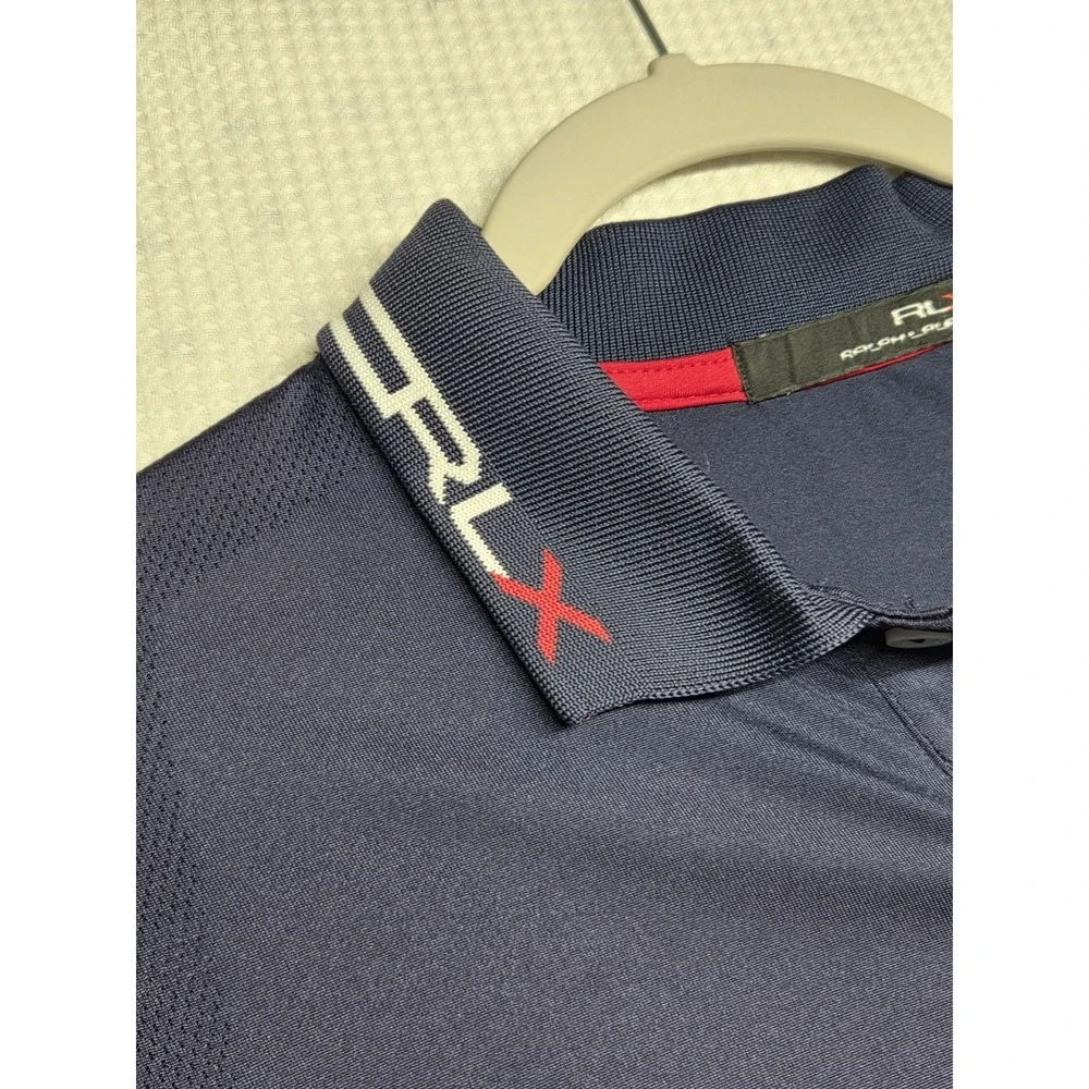 RLX Ralph Lauren Polo Shirt Mens Medium Navy Performance Golf Wolf Creek Stretch